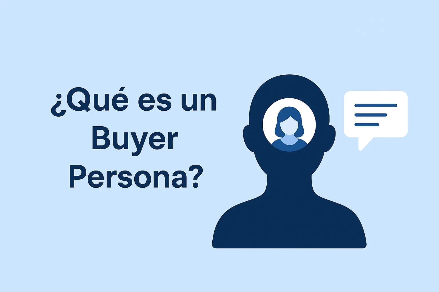 Ilustración con la pregunta "¿Qué es un Buyer Persona?" acompañada de la silueta de una persona con un ícono en su mente y un globo de diálogo, representando el concepto de buyer persona.