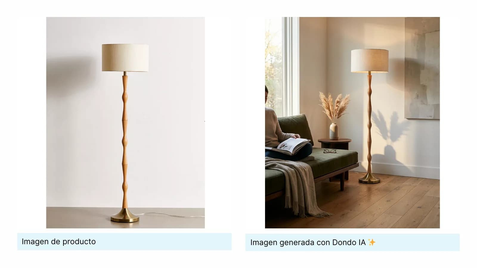 Lámpara de pie original junto a una escena generada de una sala de lectura