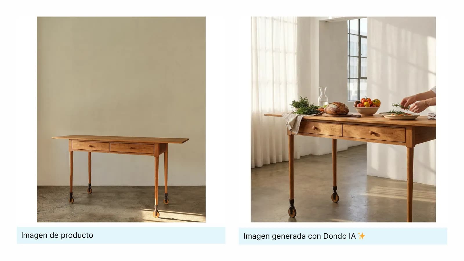 Mesa consola de madera original junto a una escena de comedor generada
