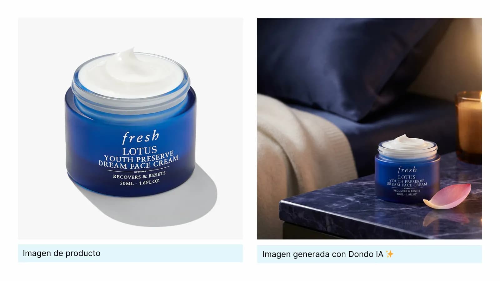 Tarro azul de loción original junto a una escena de dormitorio generada