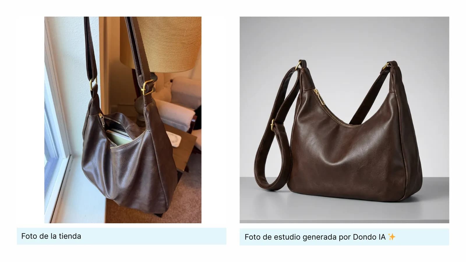 Bolso marrón original junto a una vista de estudio generada