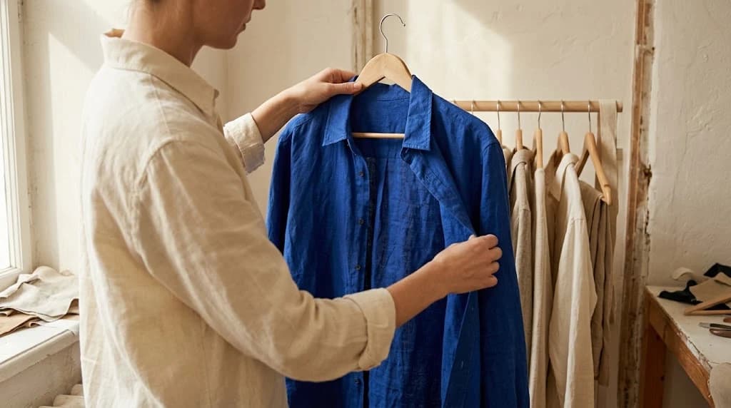 A stylist holds a cobalt linen shirt on a wooden hanger beside a rack of neutral clothing.