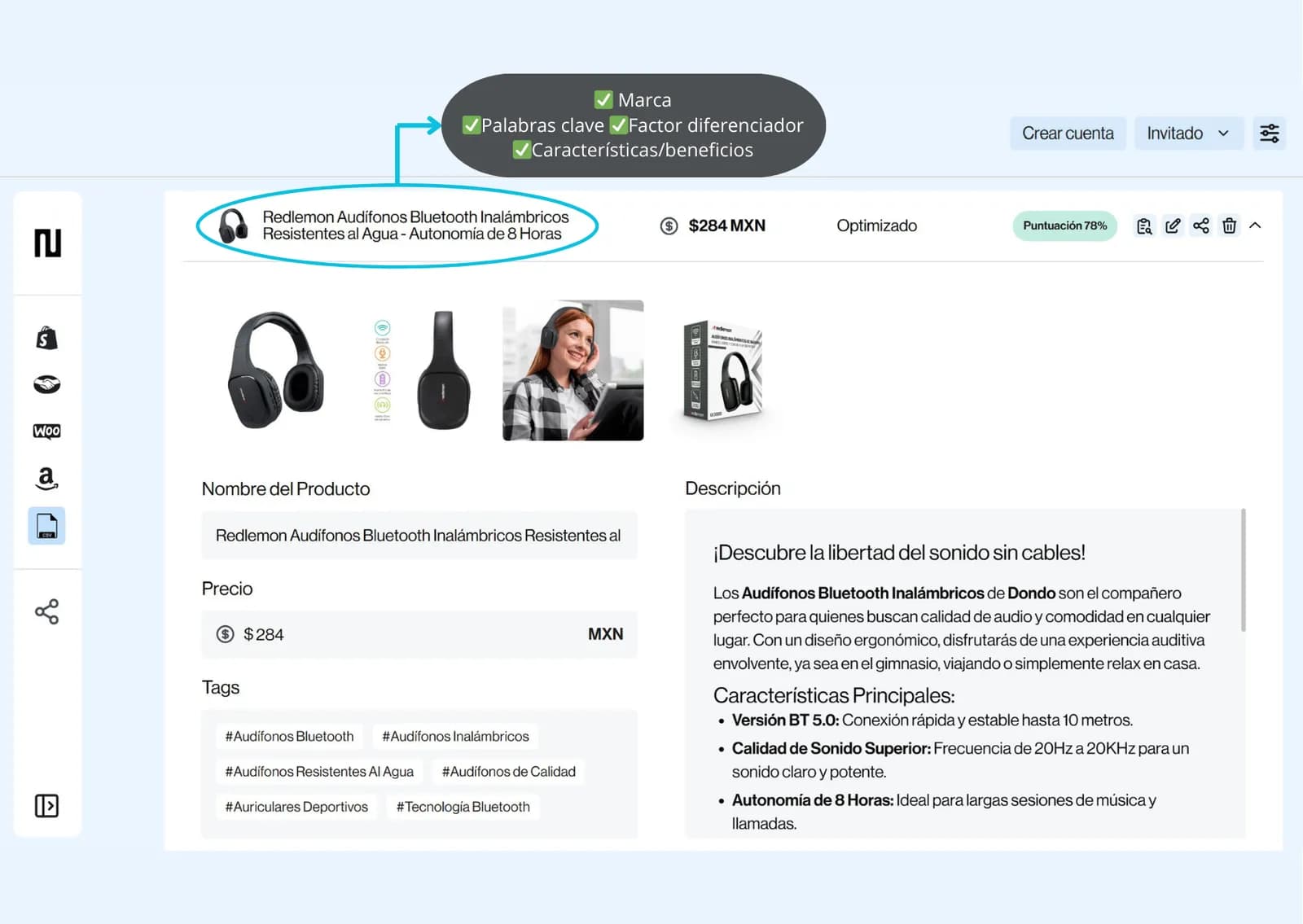título de producto optimizado para SEO y palabras clave con Dondo ai
