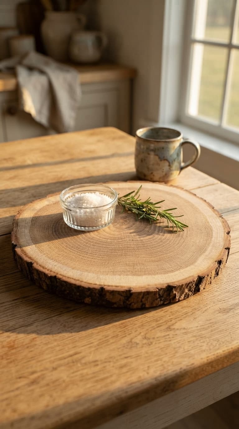 Ad shot: the wood slice board on a farmhouse table with a dish of salt and rosemary