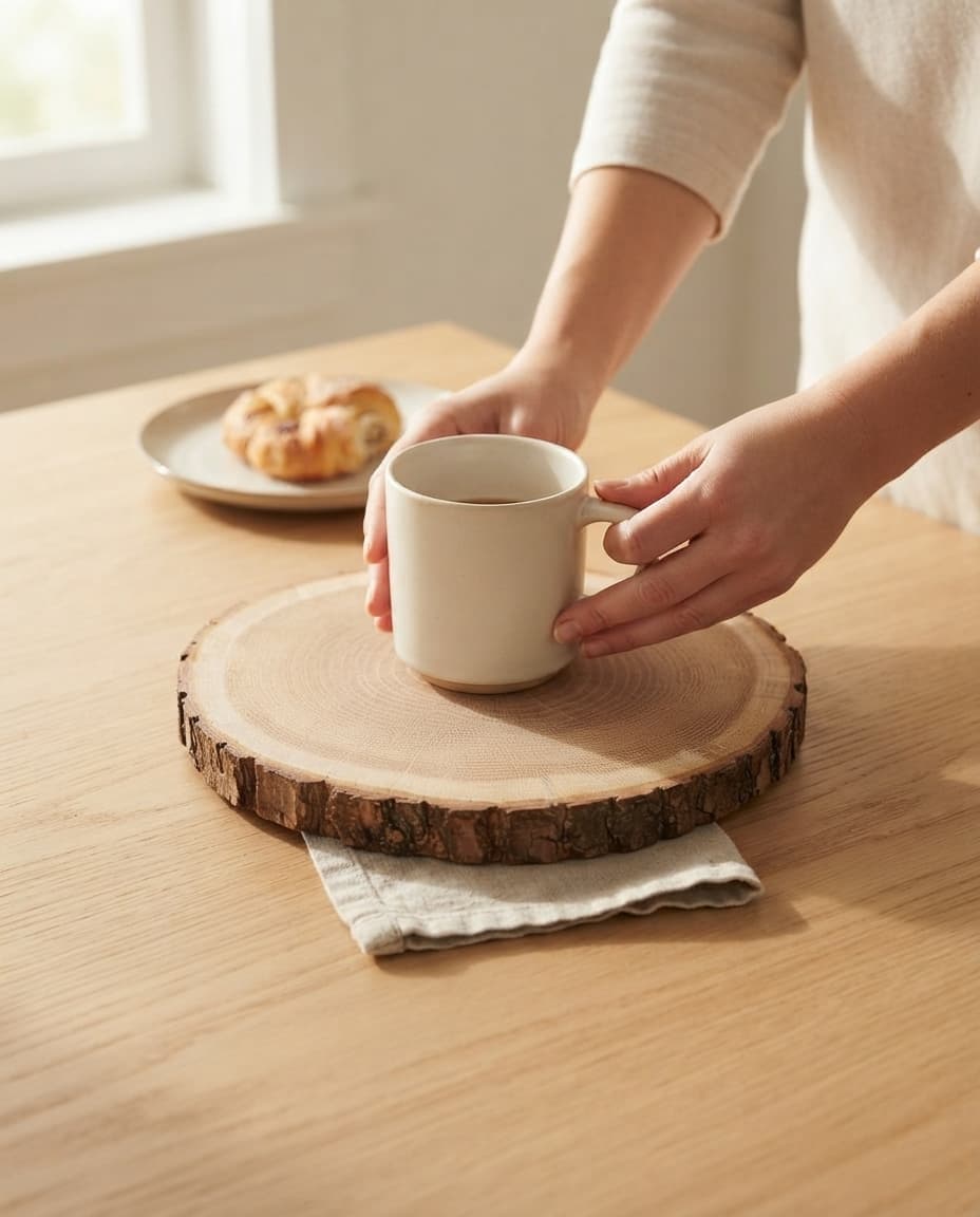 Lifestyle shot: the wood slice board under a coffee mug, with a croissant