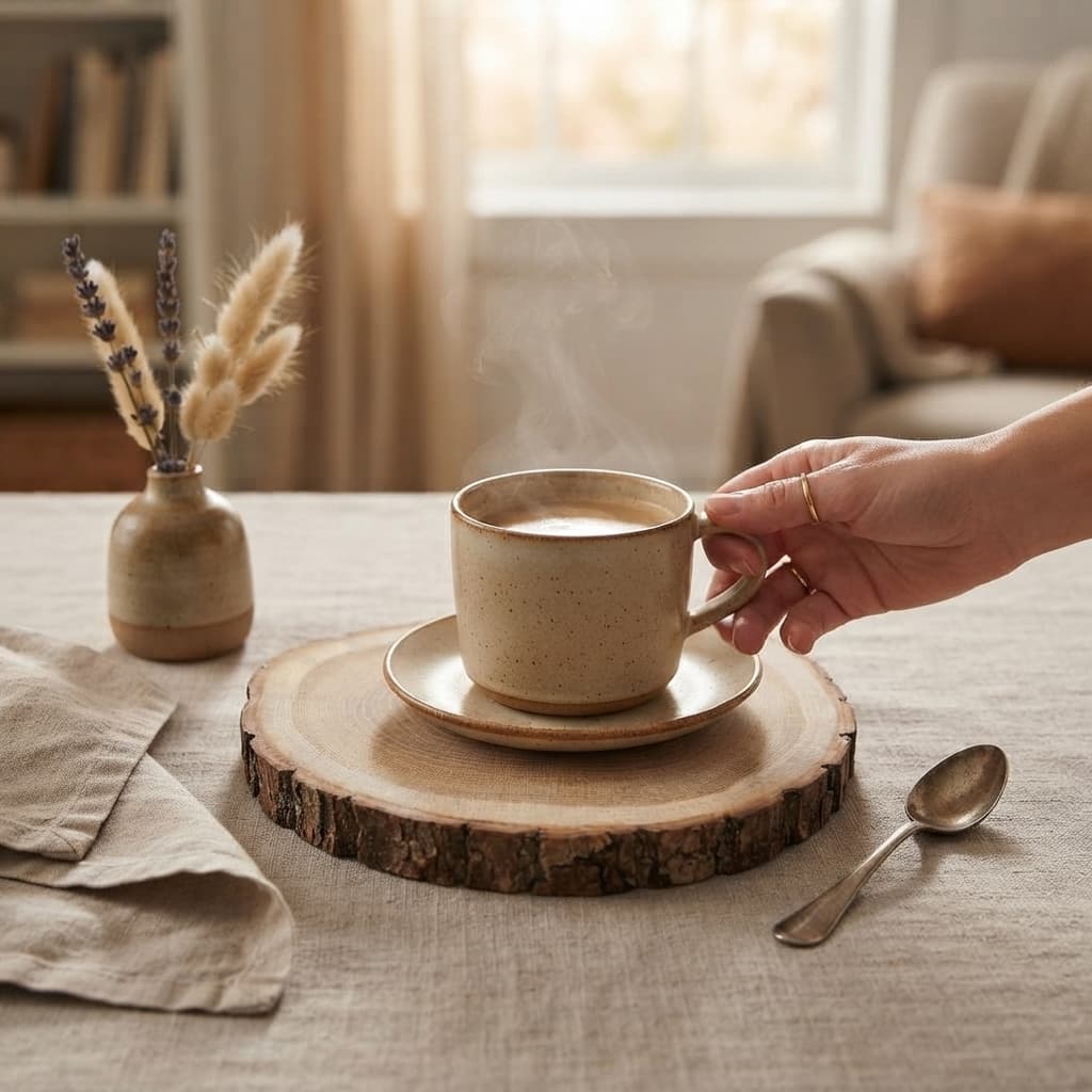 Social shot: a cup and saucer on the wood slice board