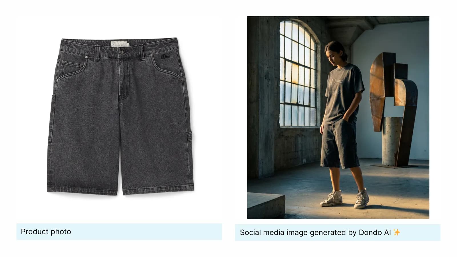 Original black shorts beside a generated street scene with a person wearing shorts