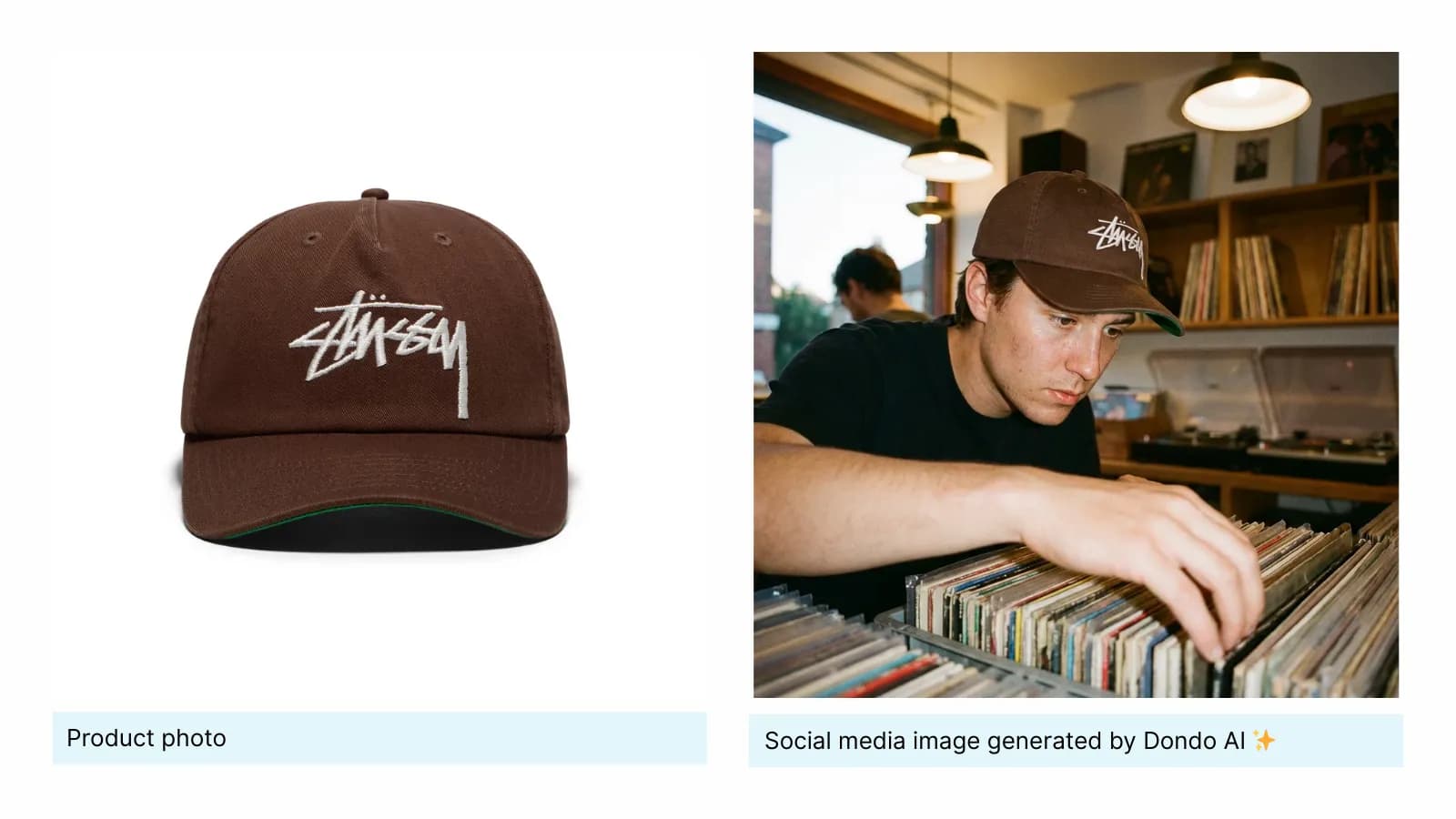 Original brown cap beside a generated scene of a person wearing a cap