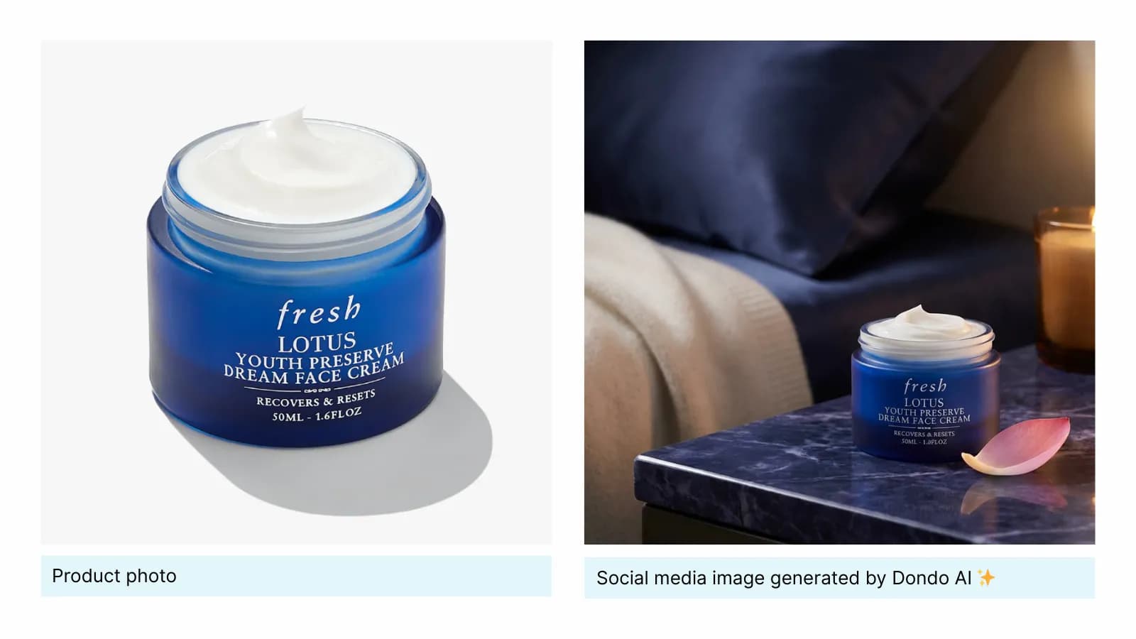 Original blue lotion jar beside a generated bedside scene