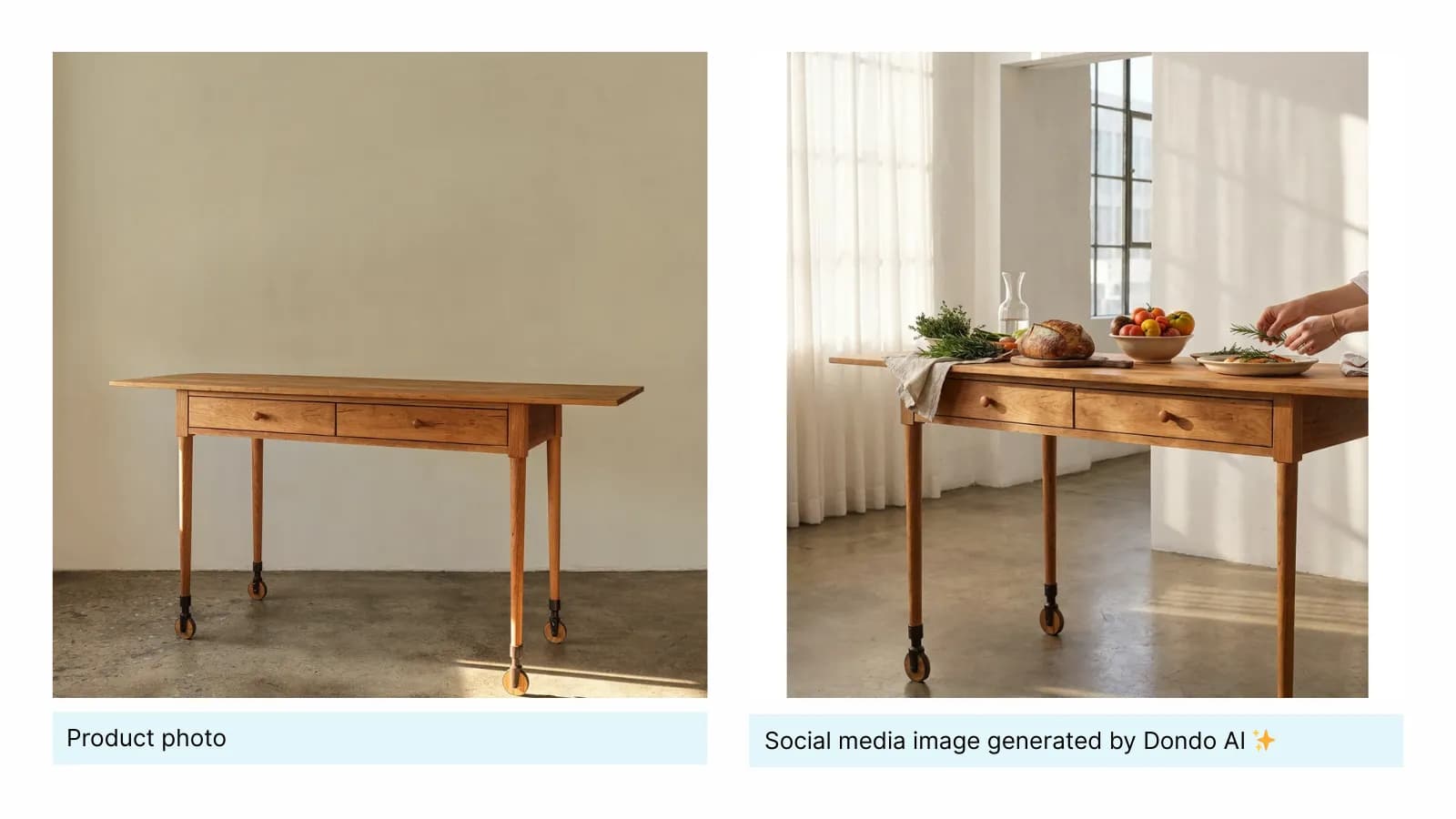 Original wooden console table beside a generated dining-room scene