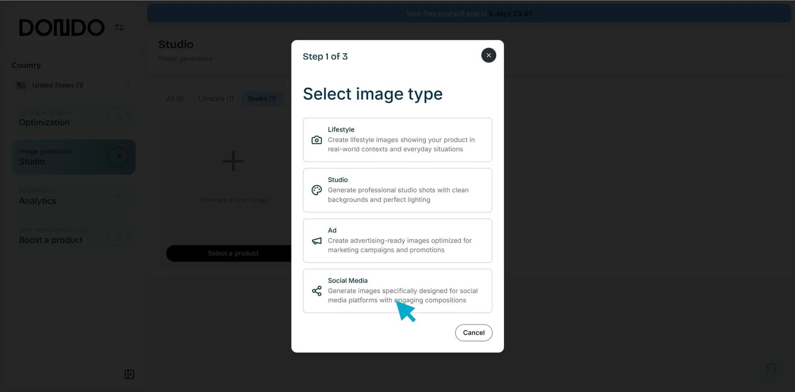 Dondo dialog for choosing the image type