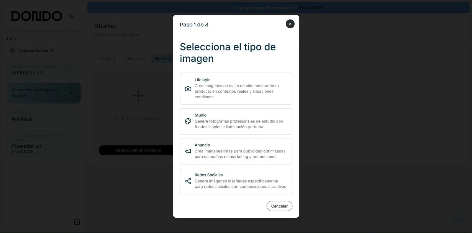 Diálogo de Dondo para elegir el tipo de imagen