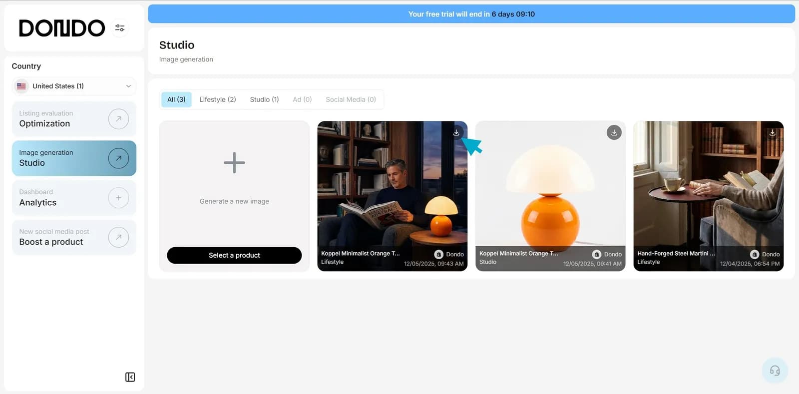 Dondo Studio showing the original lamp and generated image results