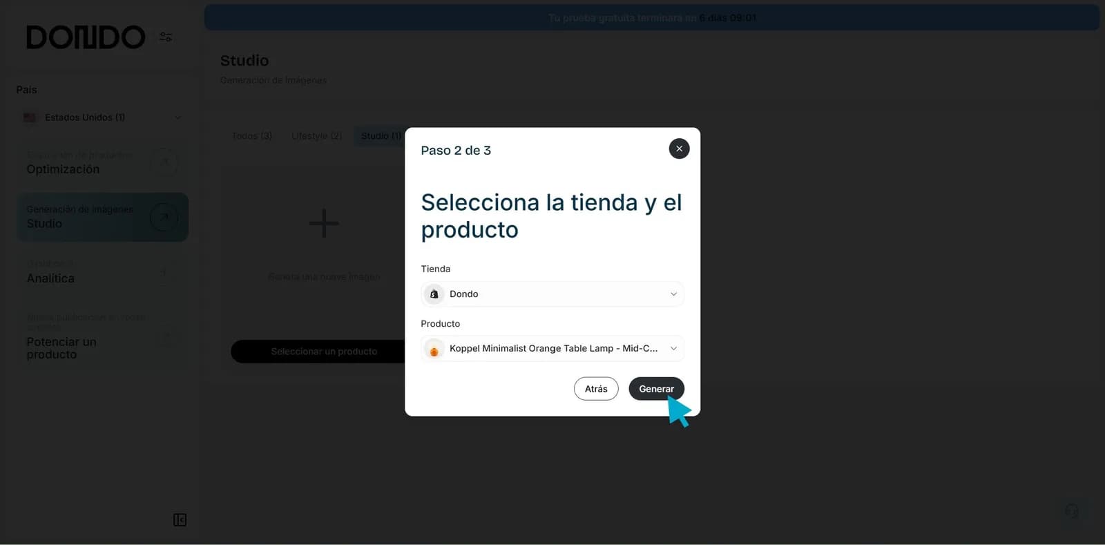 Diálogo de Dondo para elegir la tienda y el producto de destino