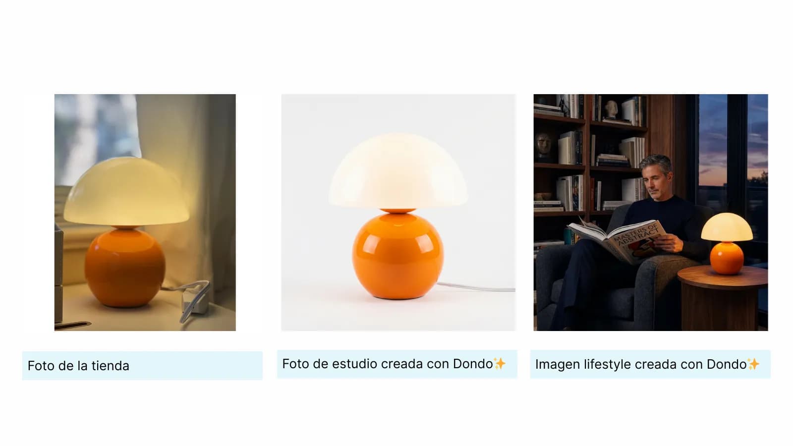 Foto original de una lámpara junto a imágenes de estudio y de estilo de vida generadas a partir de ella