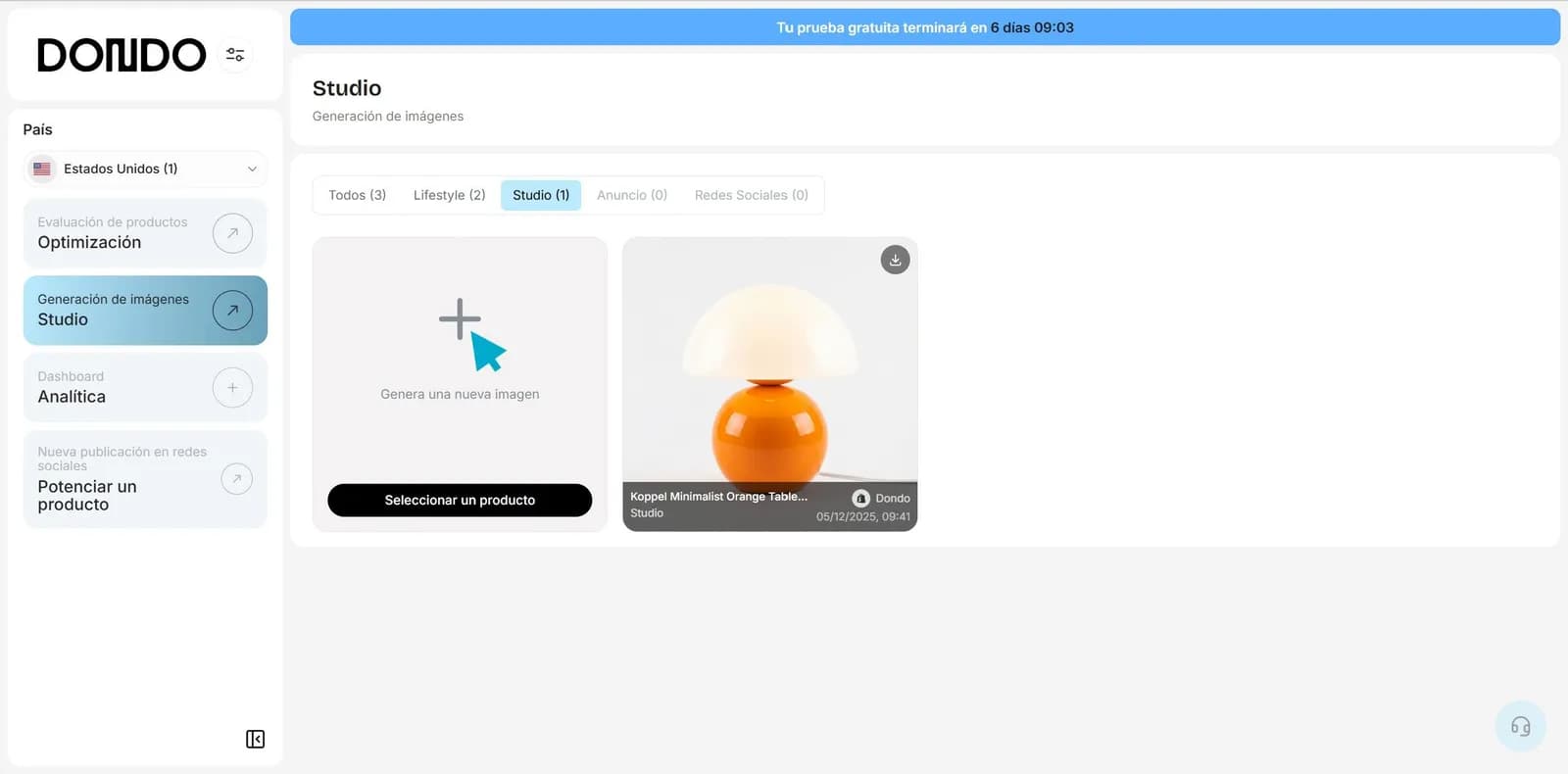 Dondo Studio con la imagen original y el control de generación señalado