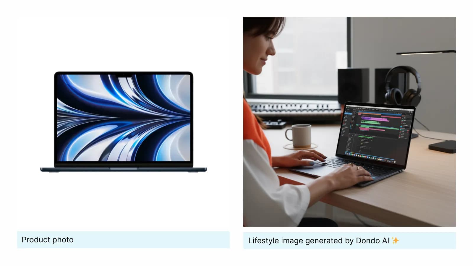 Original laptop product view beside a generated scene of a person using a laptop