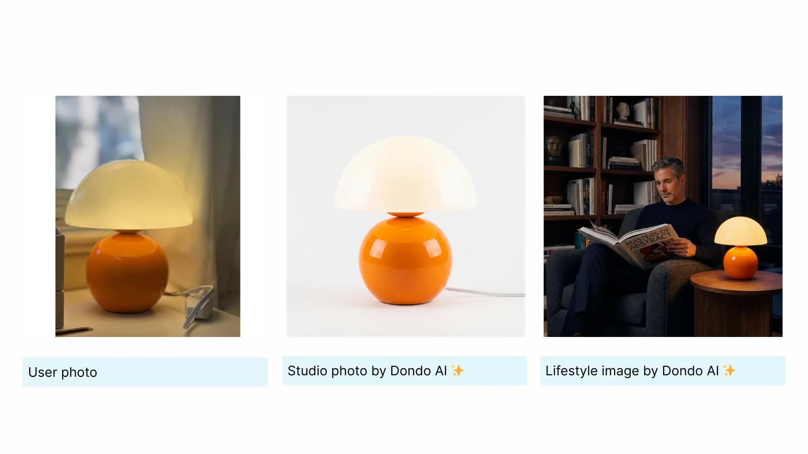 Original lamp photo beside studio and lifestyle images generated from it