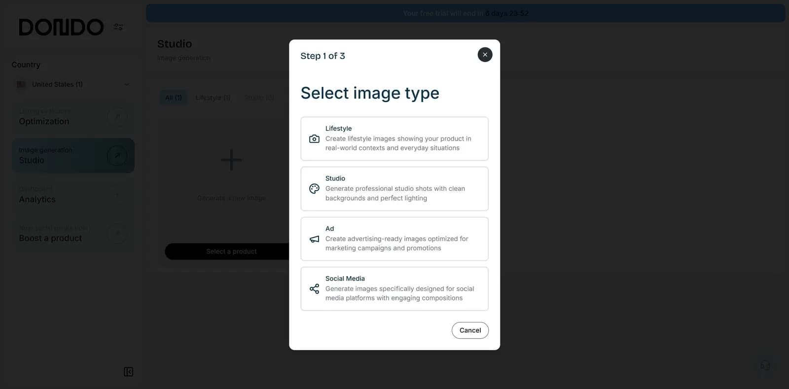 Dondo dialog for choosing the image type