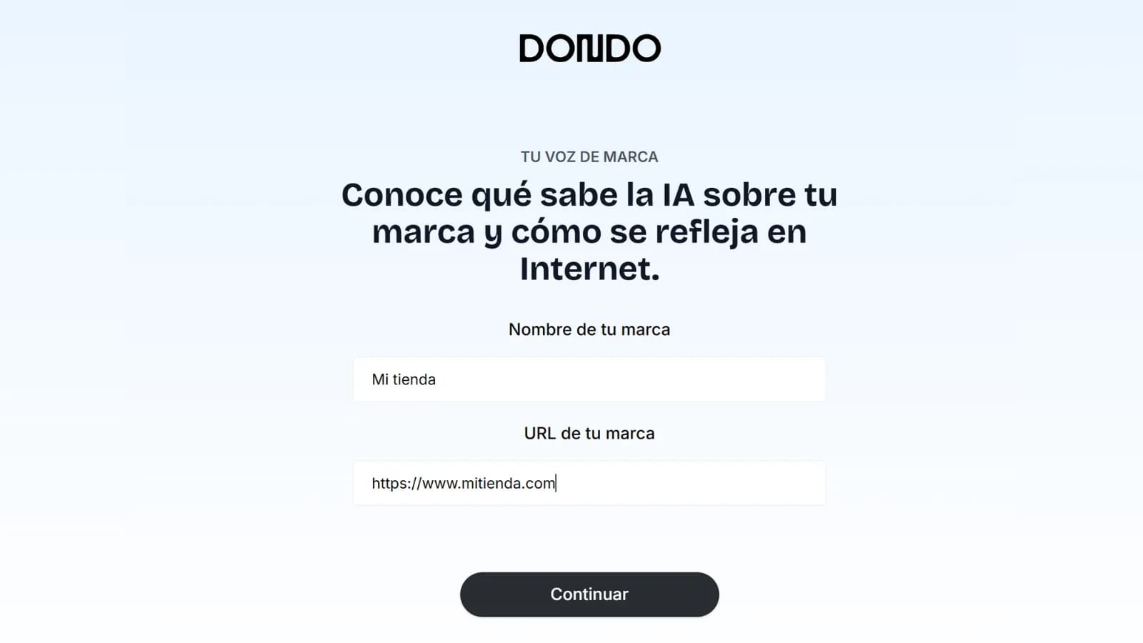 Formulario de análisis de marca de Dondo que solicita la URL del sitio