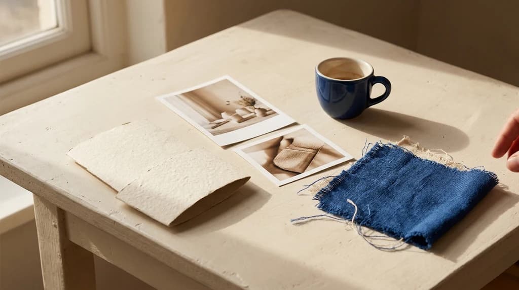 Una taza azul cobalto, una muestra de tela, una funda de papel crema y dos fotografías de productos sobre una mesa iluminada por el sol.