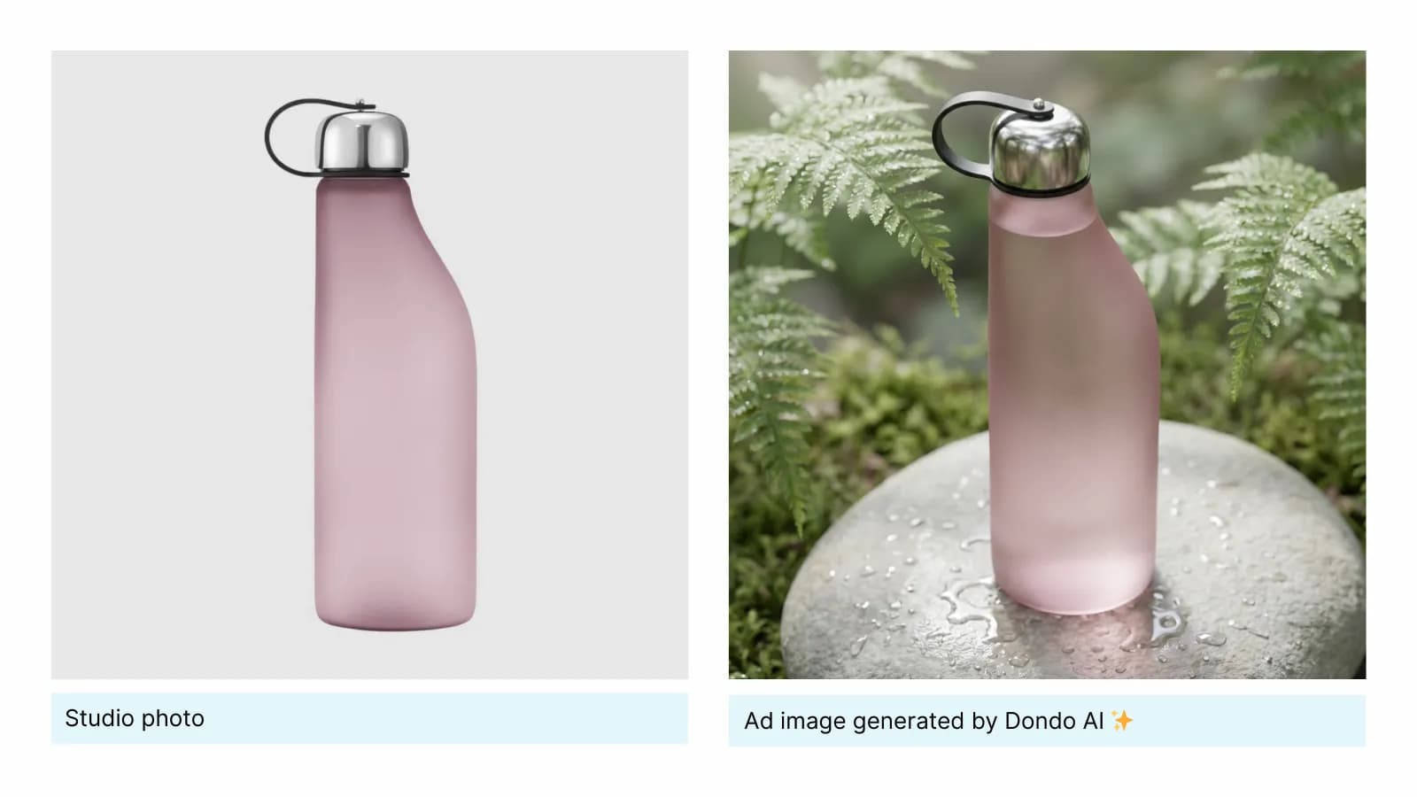 Original pink water bottle beside a generated forest scene