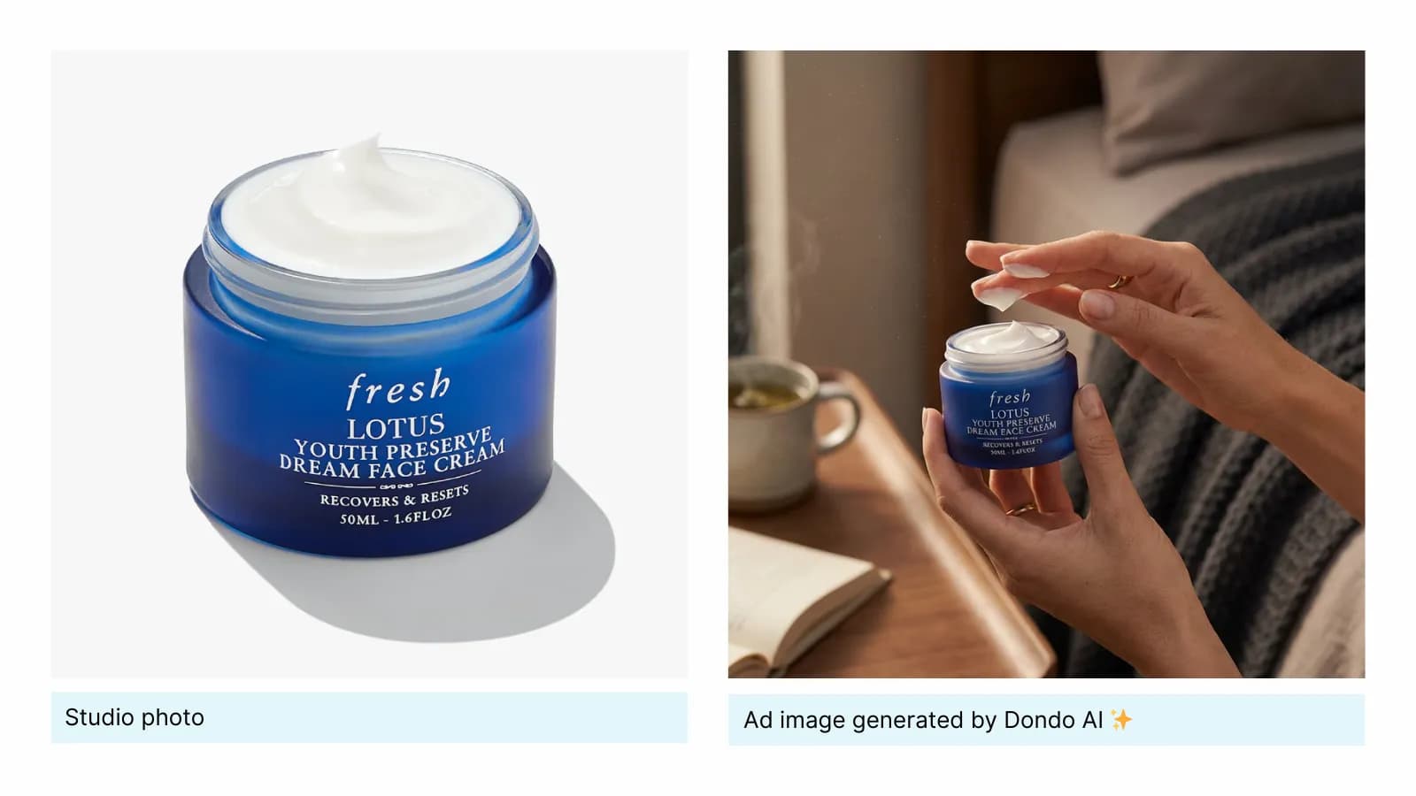 Original blue lotion jar beside a generated image of a person holding it