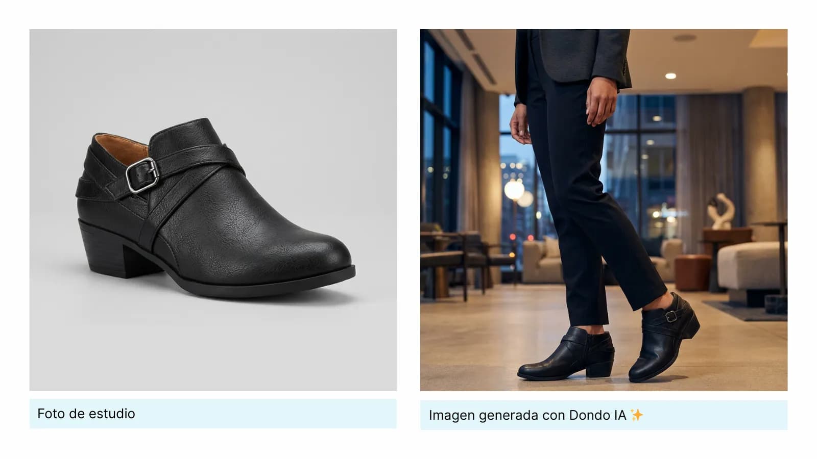 Botín negro original junto a una escena de moda generada