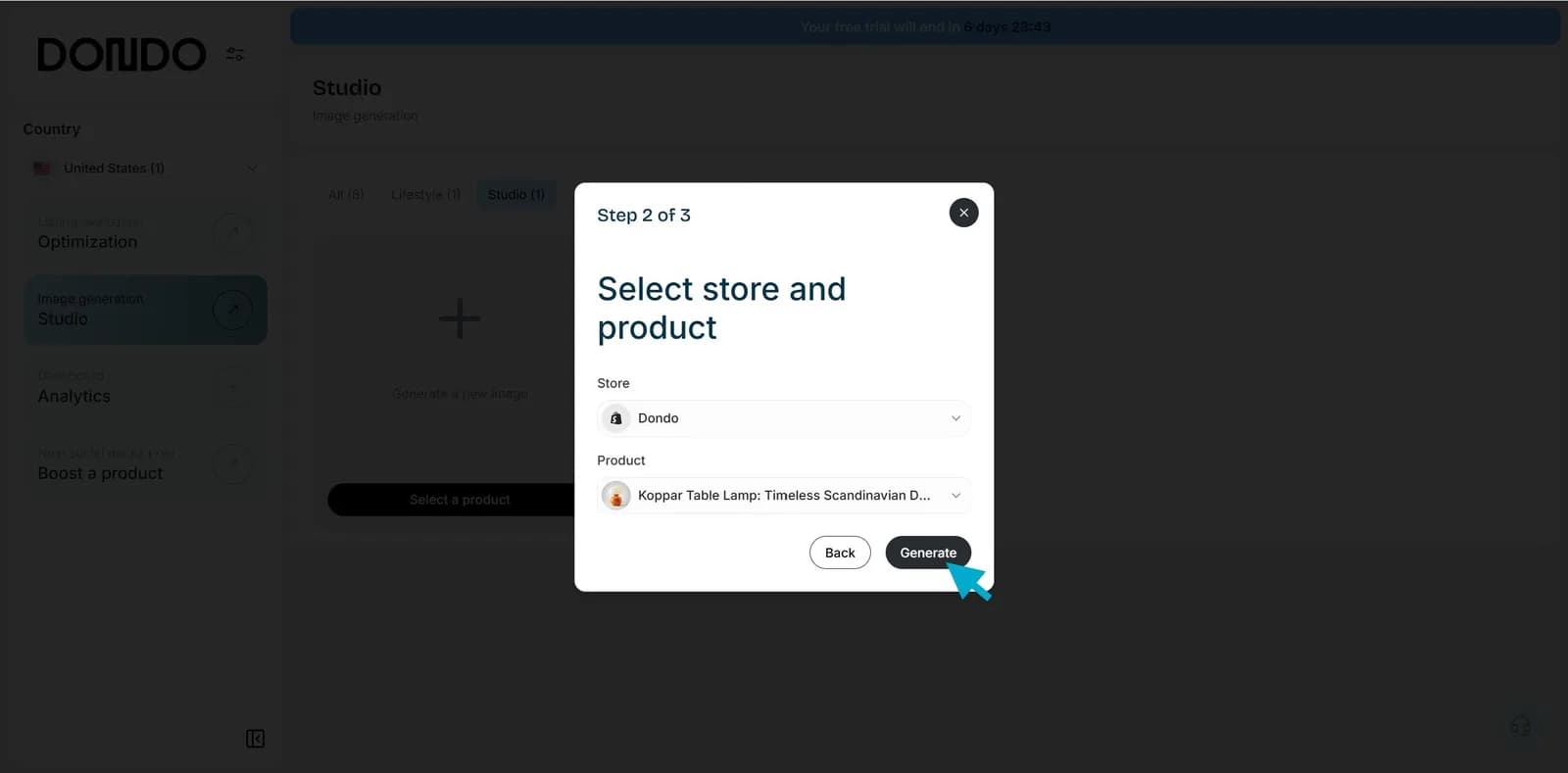 Dondo dialog for choosing the destination store and product