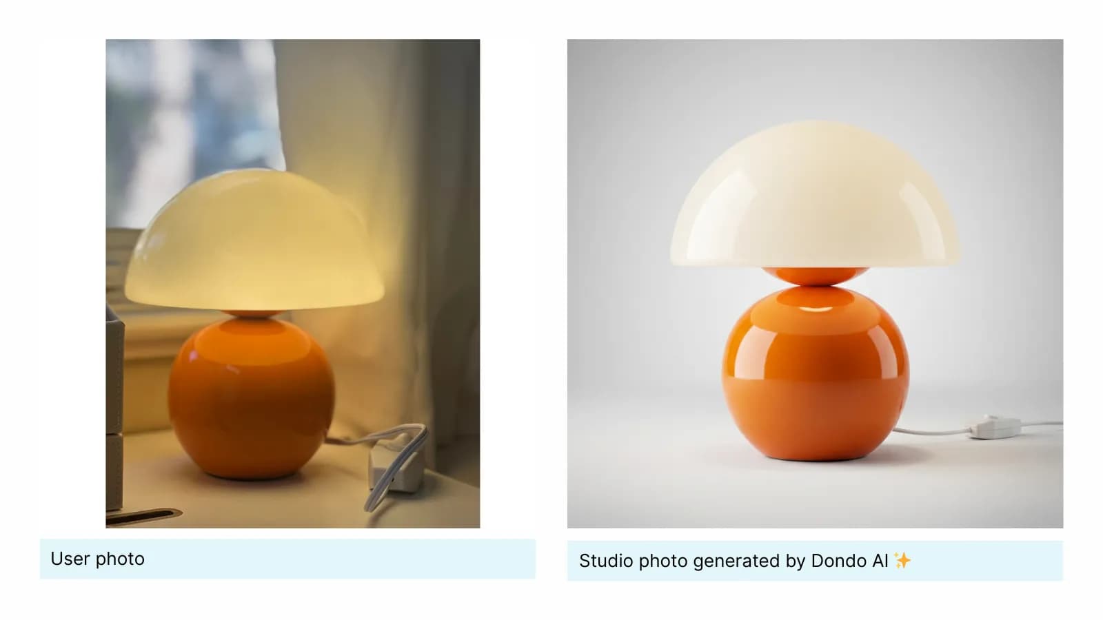 Original lamp beside a generated studio view on a plain background