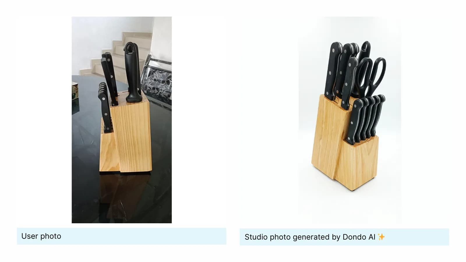 Original knife block beside a generated studio view of the block