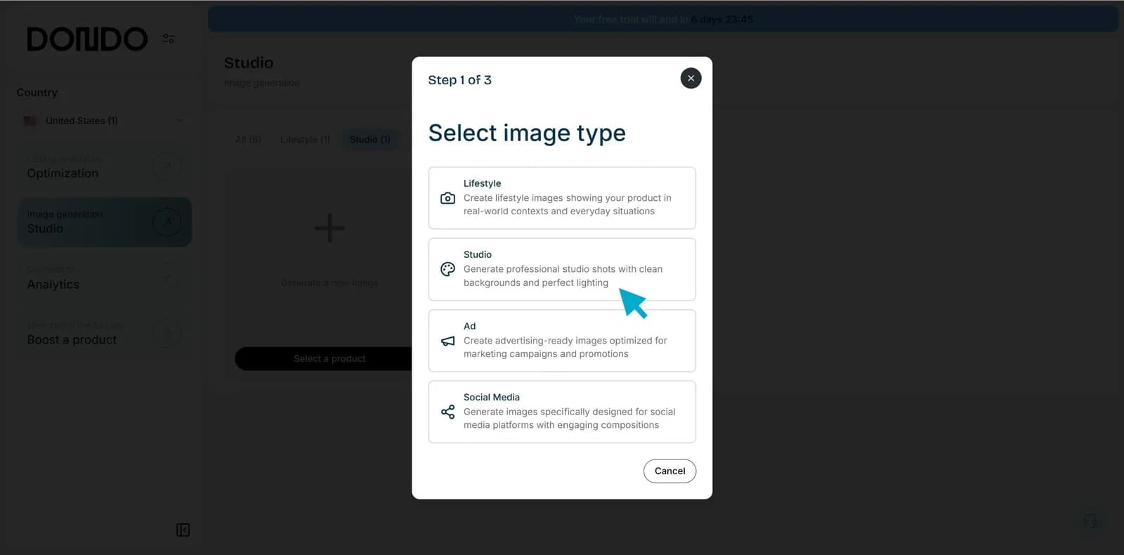 Dondo dialog for choosing the image type