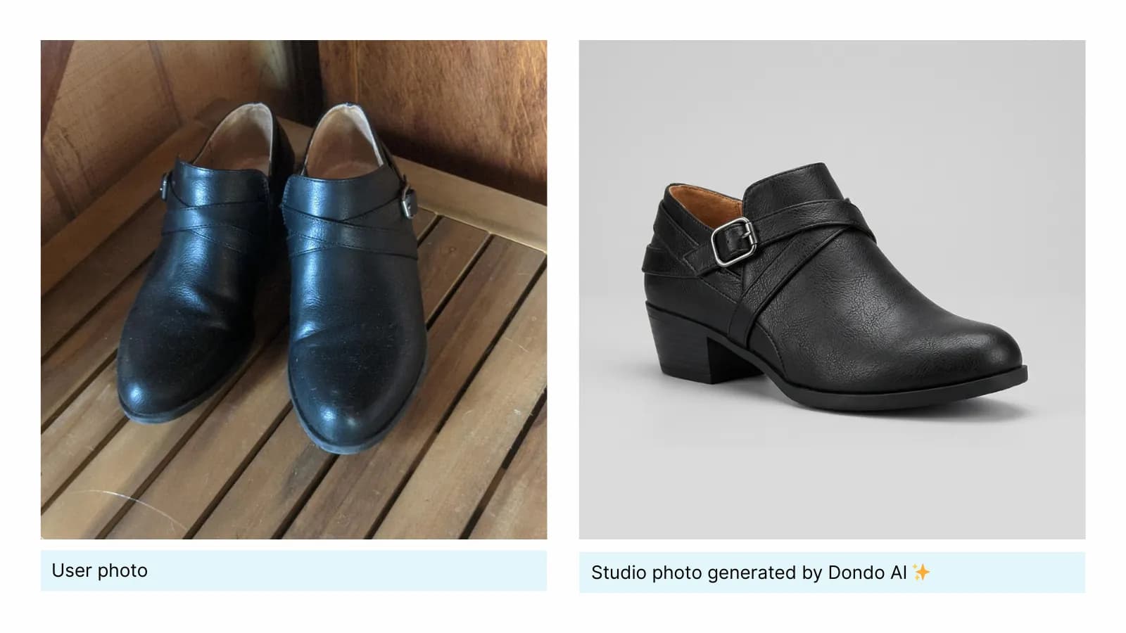 Original pair of dark shoes beside a generated single-shoe studio view