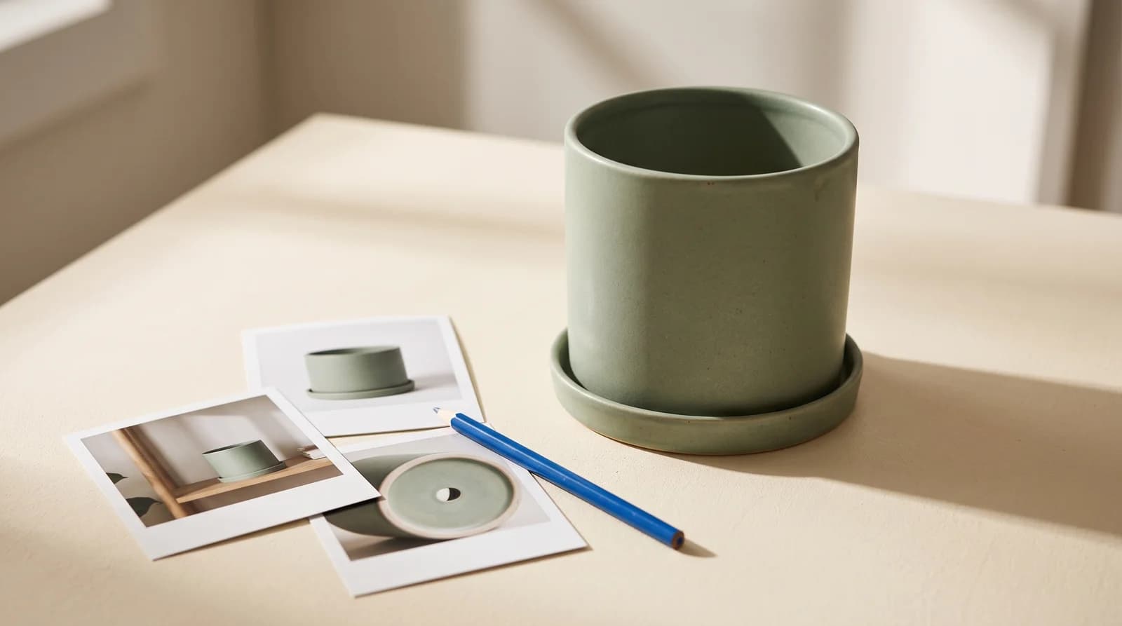 Green ceramic planter with a matching saucer beside product photographs and a blue review pencil.