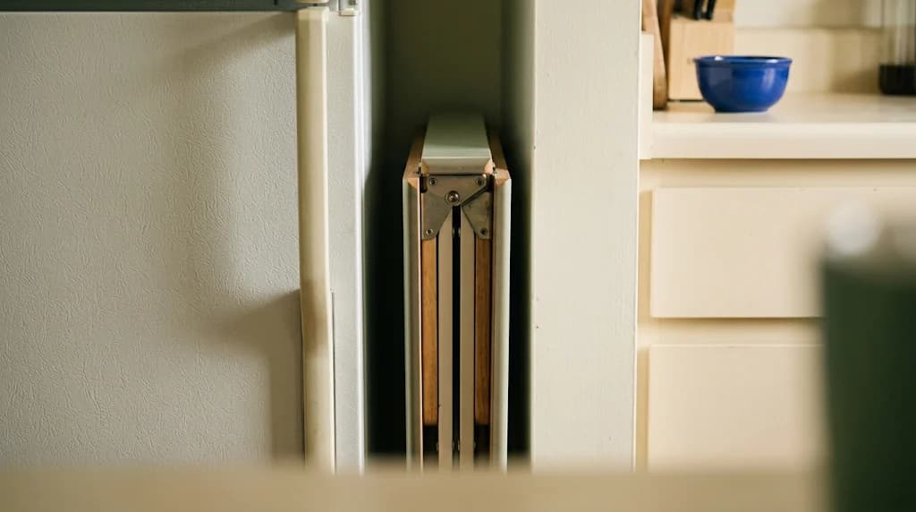 Folded table stored upright in a narrow gap beside a refrigerator.