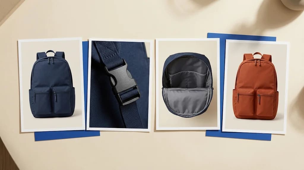 Four backpack photographs showing a navy front view, buckle close-up, open interior, and rust-colored variant.