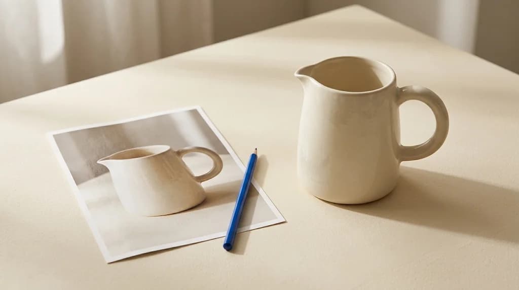Cream ceramic pitcher with a rounded handle beside a photograph of the same pitcher and a blue pencil.
