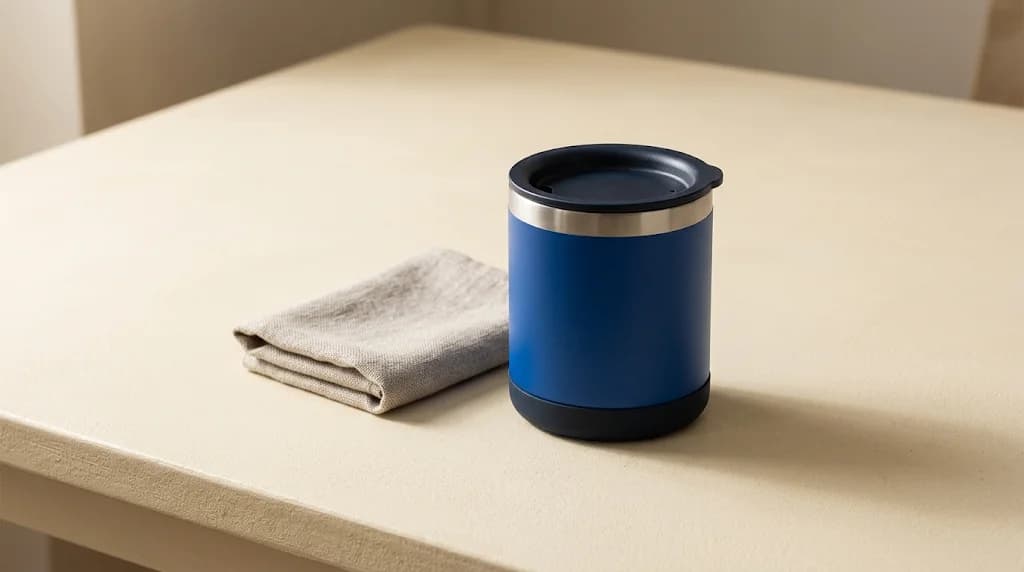 Handleless blue commuter mug with a fitted dark lid and silicone base beside a folded care cloth.