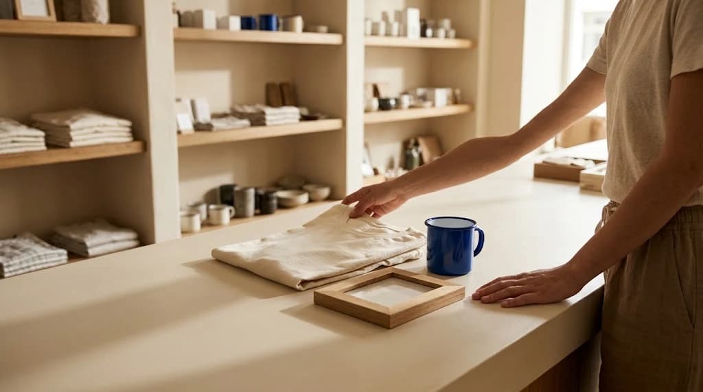 Comerciante acomodando una camiseta crema, una taza esmaltada azul y un marco de madera sobre el mostrador de una tienda.
