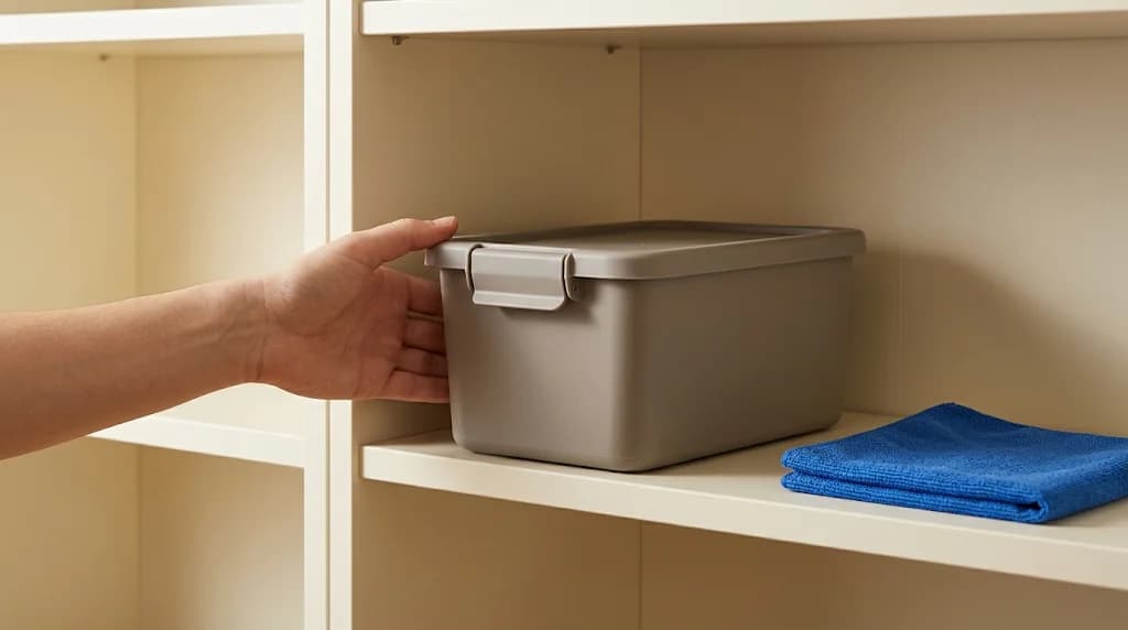 A hand checks the space beside a gray storage box on a cream shelf, with a folded blue cloth nearby.