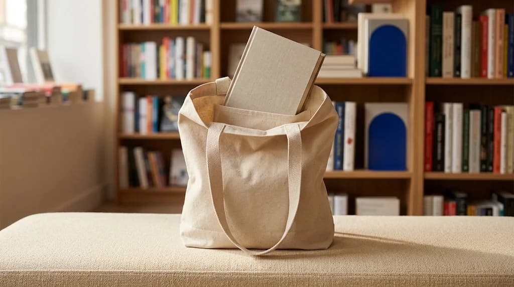 Natural-colored fabric tote with a book inside, resting on a cream bench in a bookshop.