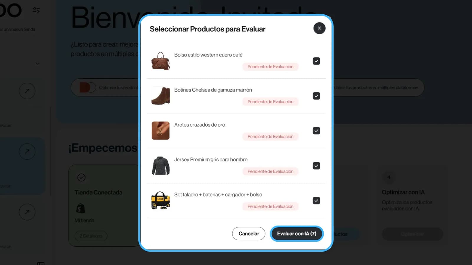captura de pantalla de la interfaz de Dondo en donde se ve como seleccionar productos para evaluarlos con Dondo IA