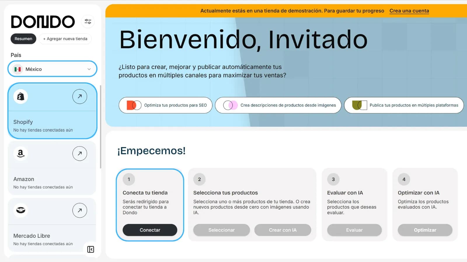 Captura de pantalla de la interfaz de Dondo que muestra paso para conectar tienda Shopify