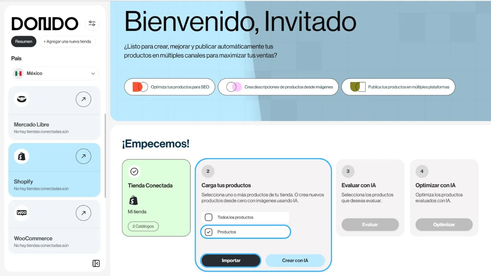 captura de pantalla de la interfaz de Dondo en donde se ve como importar tus productos